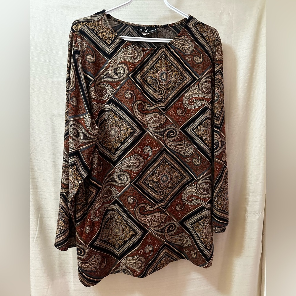 Vintage 90s Carole Little Paisley Rayon Boho Blouse Scarf Print Top Large